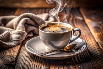 A steaming cup of hot coffee on a saucer with a spoon, placed on a rustic wooden table next to a cozy blanket, evoking warmth and morning comfort