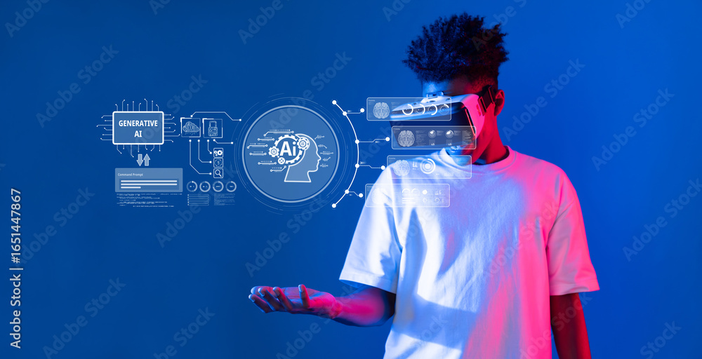 Poster young person engages with virtual reality technology in ai context with graphical interface and data
