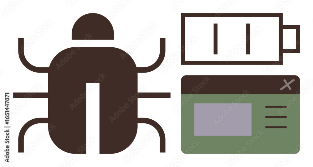 Poster bug icon alongside low battery and browser window, conveying software issues, energy errors, debuggi