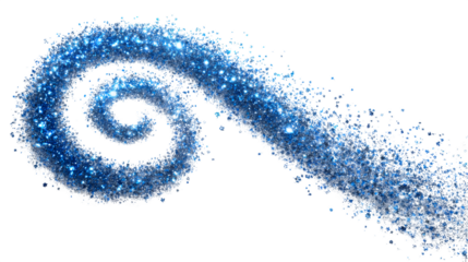 Sparkling blue glitter swirls and trails across a white background, creating a magical and festive effect.