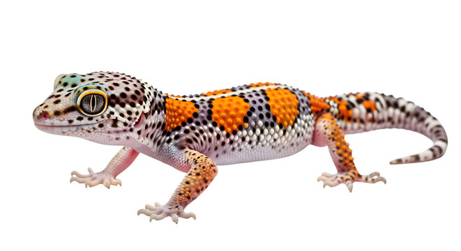 Colorful Leopard Gecko with Bright Orange Spots on White Background Cut Out PNG.