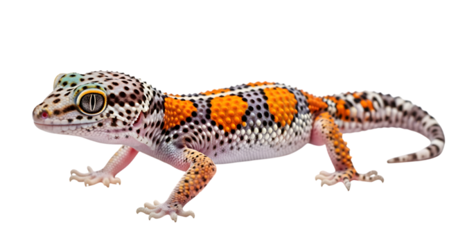 Colorful Leopard Gecko with Bright Orange Spots on White Background Cut Out PNG.