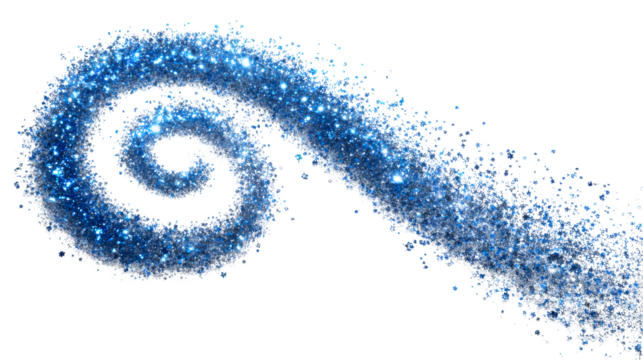 Sparkling blue glitter swirls and trails across a white background, creating a magical and festive effect.