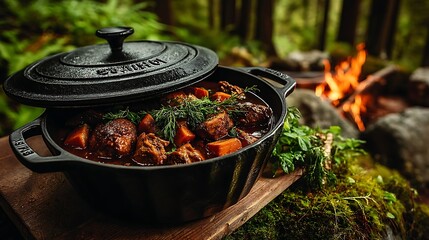 in a forest scene, a stew is the main subject, with a black oval shaped pot partially open revealing a dark stew with meat and orange vegetables, topped with leafy greens