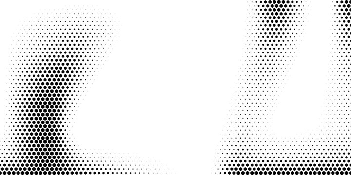 Hexagon halftone gradient texture. Abstract black grunge background. Geometric retro halftone tech overlay. Fading wavy hexagonal pattern backdrop. Vector vanishing honeycomb grunge bitmap wallpaper