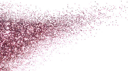 A mesmerizing cloud of rose gold glitter sparkles and drifts across a clean white background.