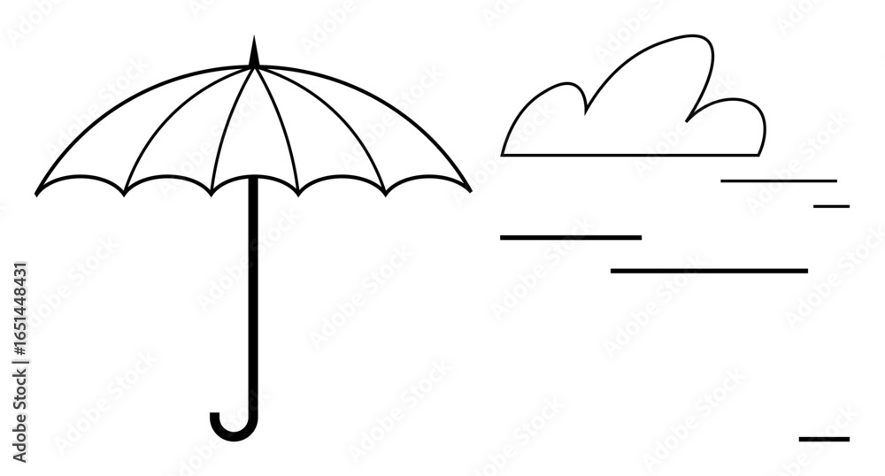 Poster umbrella paired with cloud and wind lines emphasizing weather dynamics and protection. ideal for wea