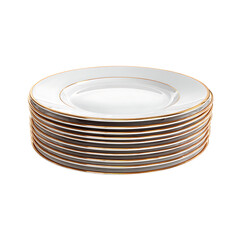 Elegant stack of white dinner plates with delicate gold rim, perfect for upscale dining and event planning