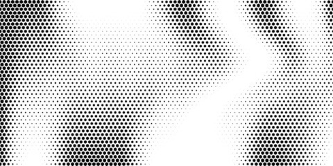 Hexagon halftone gradient texture. Abstract black grunge background. Geometric retro halftone tech overlay. Fading wavy hexagonal pattern backdrop. Vector vanishing honeycomb grunge bitmap wallpaper