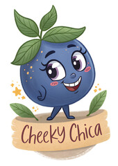 Cartoon blueberry sticker Cheeky Chica with cute smiling face, funny and playful fruit mascot illustration isolated on transparent background
