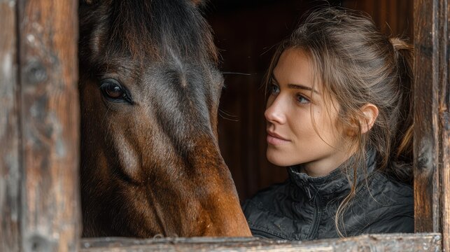 Young woman interacts with a horse in a stable while enjoying a quiet moment together