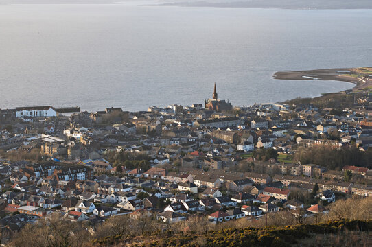 Haylie Brae viewpoint, OS map ref NS 214 585. View over Largs, a seaside town popular with tourists in Ayrshire, Scotland.