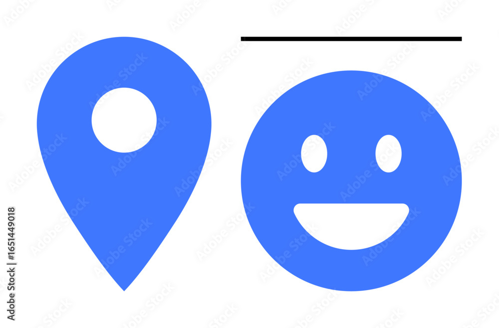 Poster blue location pin and smiling face icon combined with abstract lines and shapes. ideal for navigatio