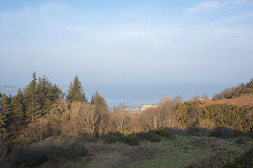 View over Largs on the Ayrshire coast of Scotland from the Haylie Brae viewpoint, OS map ref NS 214 585, in the hills above the town.