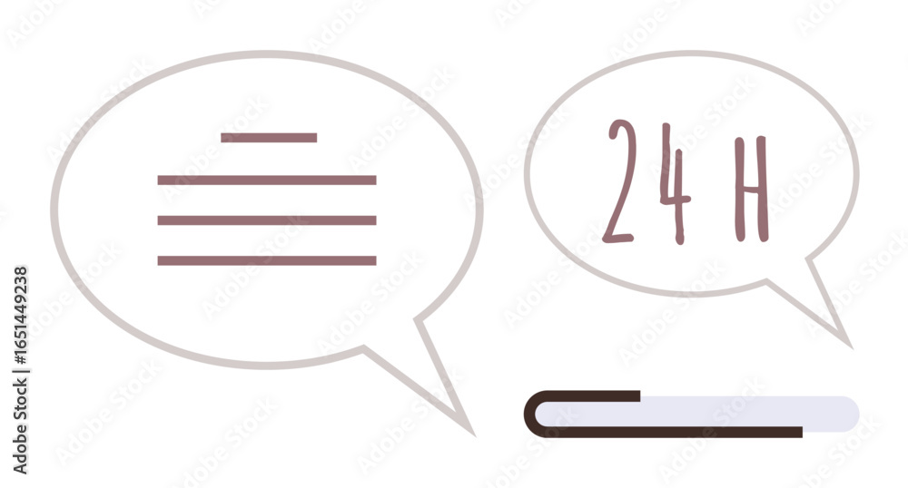 Poster two speech bubbles with text elements and a pen, representing communication, availability, support, 