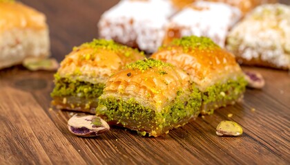 Pistachio baklava squares on a wooden surface