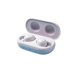 Fototapeta premium Sleek modern white wireless earbuds with charging case, perfect for active lifestyles and on-the-go productivity.