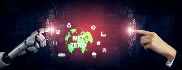 Obraz premium AI guides sustainability strategy with eco-intelligent tools and virtual assistants for achieving net zero goals and transforming digital business with green innovation. Vouch
