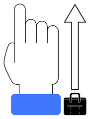Hand gesture pointing upward with a vertical arrow and a briefcase symbolizing progress, professional growth, ambition, and success. Ideal for career, motivation, goals, leadership, business