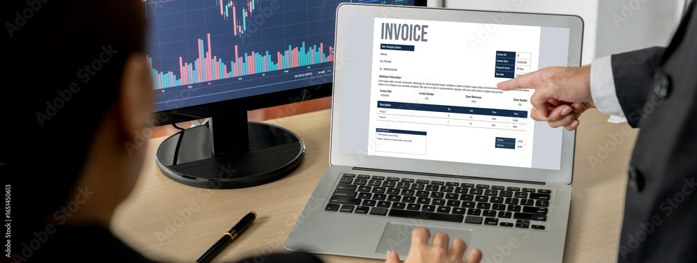 Poster invoice on computer screen from accounting application. computer program for financial and budget of