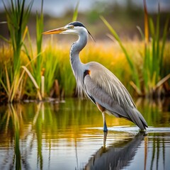 Stunning Great Blue Heron wading in peaceful water with reflections and vibrant colors