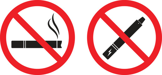 No smoking and no vaping prohibition signs with red circle and slash. Stop tobacco cigarette and electronic e-cigarette icon for health, warning, and safety design. Vector ban symbol illustration.