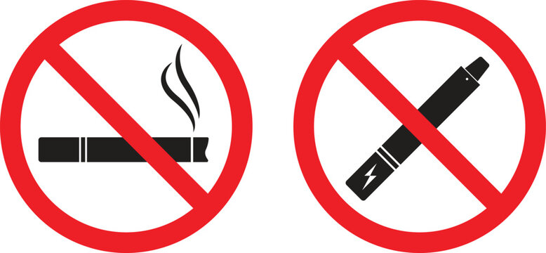 No smoking and no vaping prohibition signs with red circle and slash. Stop tobacco cigarette and electronic e-cigarette icon for health, warning, and safety design. Vector ban symbol illustration.
