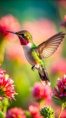 Fototapeta premium Ruby-throated hummingbird in flight amidst vibrant blooms, perfect for nature designs