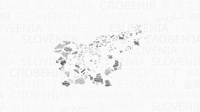 Slovenia intro animation. Country with regions illustration video. Background with country names in various languages. Regions of Slovenia animation. Classy video.
