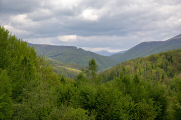 Obraz premium Green mountains and lush forests create a beautiful, scenic landscape under a cloudy sky.