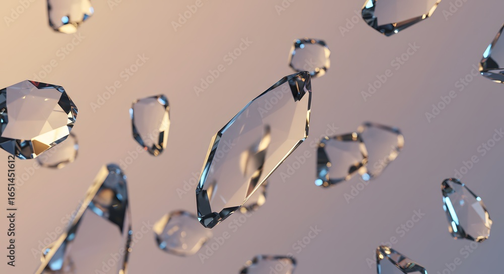 Poster multiple clear faceted crystals and diamonds floating and sparkling with light against a soft gradie