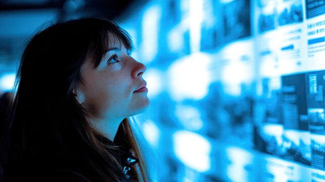 Woman gazing at illuminated informational displays