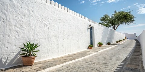 Whitewashed Wall Street Alleyway Stone Path, Mediterranean Plants, Blue Door, Sunlight Composition, GreekArchitecture IslandLife