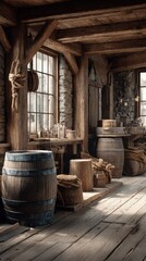 Historic wooden workshop filled with barrels, tools, and rustic decor in soft daylight