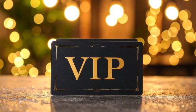 VIP card with festive lights background.
