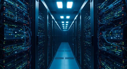 Modern data center with server racks, glowing lights, and network cables for IT solutions