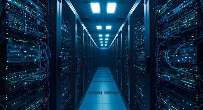Modern data center with server racks, glowing lights, and network cables for IT solutions