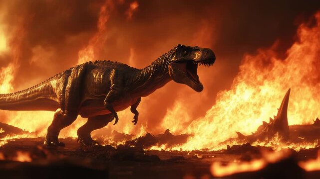 A thrilling and dramatic scene unfolds with a massive dinosaur roaring loudly amidst a fireravaged landscape
