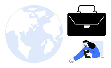 World map highlighting global reach, black briefcase symbolizing work, professional woman managing documents. Ideal for business, globalization, teamwork, management, leadership, education simple