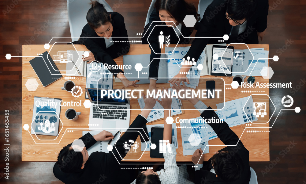 Poster Collaborative Project Management Meeting with Diverse Professionals Discussing Strategy and Resource Allocation in a Modern Workspace Setting. Amity