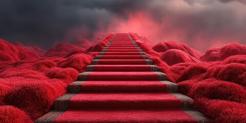 Vibrant red staircase ascends through surreal landscape under dramatic stormy sky