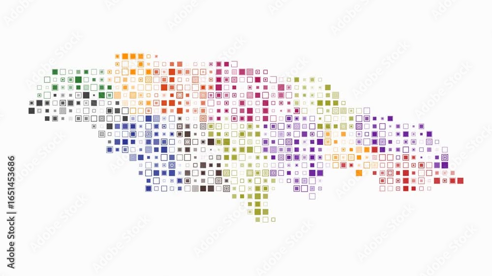 Poster jamaica map animation. shape of the country with pulsating colored dots. small size square blocks. d
