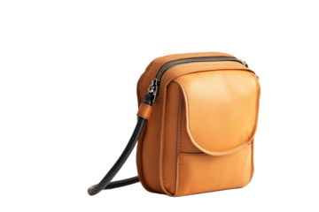 Stylish caramel messenger bag with black strap on transparent background