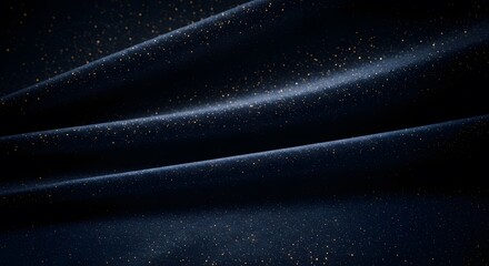 Elegant dark blue velvet fabric with golden glitter particles flowing in waves, creating a luxurious and magical abstract background for festive occasions
