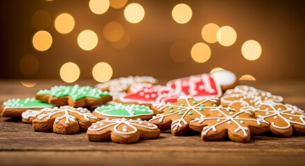 Festive Christmas cookies arranged on wooden table, holiday cheer