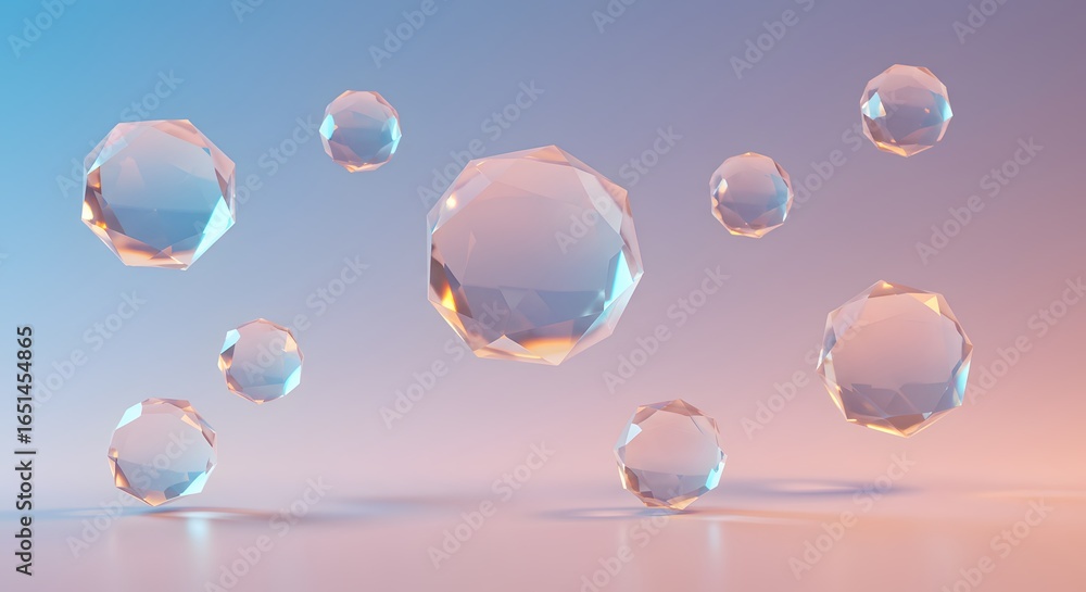Aufkleber abstract geometric crystal spheres floating in a soft gradient light, creating a dreamy and ethereal