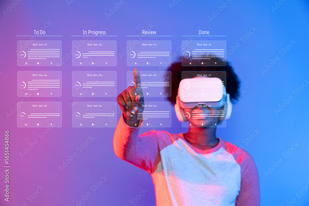 Poster a young person engages with virtual reality in a modern office setup, illustrating innovative projec