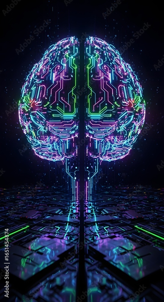 Poster futuristic digital brain with neon circuits and glowing technology for ai concepts