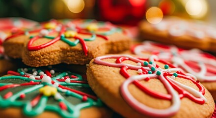 Colorful Christmas cookies decorated with icing, festive delights
