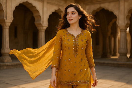 Elegant woman posing gracefully in vibrant traditional Indian kurti outfit